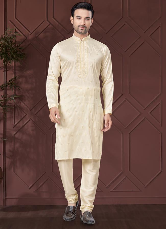 Pure Silk Cream Ceremonial Wear Embroidery Work Readymade Kurta Pajama